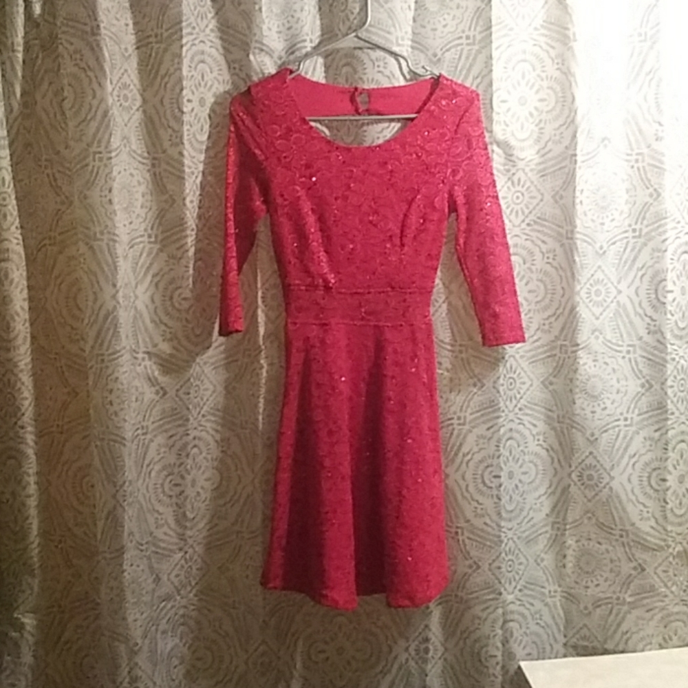 Red lace and sequin cocktail dress